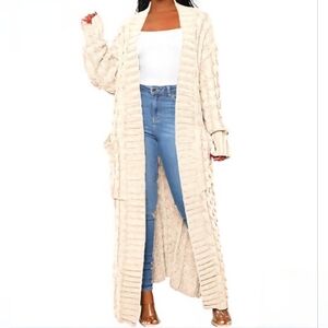 MIRACLE Extra Long Cable Knit Maxi Cardigan with Pockets, Loose Fit Sz S/M